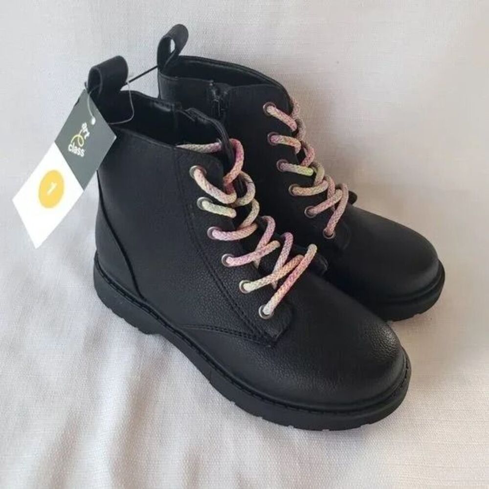 Art Class Zoe Zipper Lace-Up Combat Boots - Black -Girls Size 1 - NEW